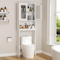 Nuturelly Over The Toilet Storage Cabinet, Bathroom Storage Organizer with Adjustable Shelves and Double Glass Doors, Freestanding Above Toilet Storage with Open Shelf, Wooden Toilet Rack(White)