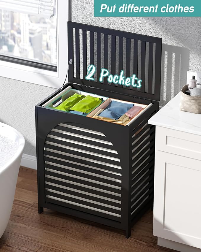 Black Laundry Hamper, Laundry Hamper with Lid, 27.3 Gallon (103L) Bamboo Wood Clothes Laundry Basket with Lid and Handles, Removable Liner