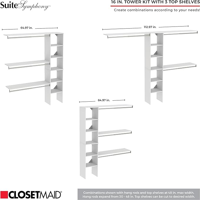 ClosetMaid SuiteSymphony Wood Closet Organizer Kit with Tower, 3 Hang Rods, Top Shelves, Adjustable, Fits Spaces 5 - 9 ft. Wide, Pure White