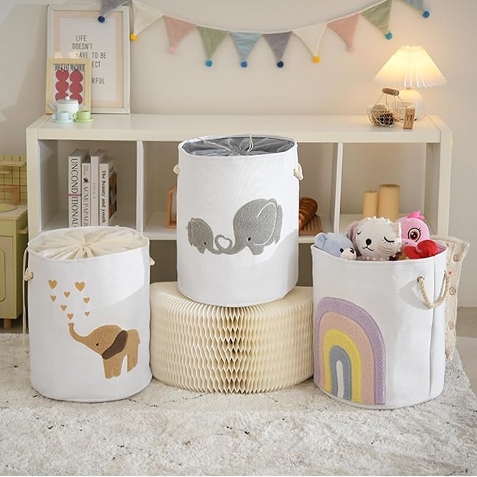 INough Baby Laundry Basket Laundry Hamper, Canvas 58L XL Baby Clothes Basket, Collapsible Brown Laundry Basket for Nursery Toy Baskets with Drawstring Closure, KidsRoom Decor for Boys