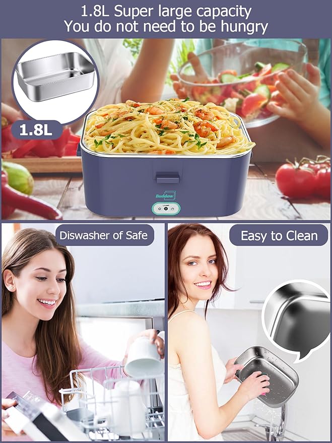 Buddew Electric Lunch Box for Adults, 80W Heated Lunch Box 1.8L Stainless Steel Portable Food Warmer,12/24/110V Lonchera Electrica Portatil for Travel & Work, Loncheras para Hombres de Trabajo