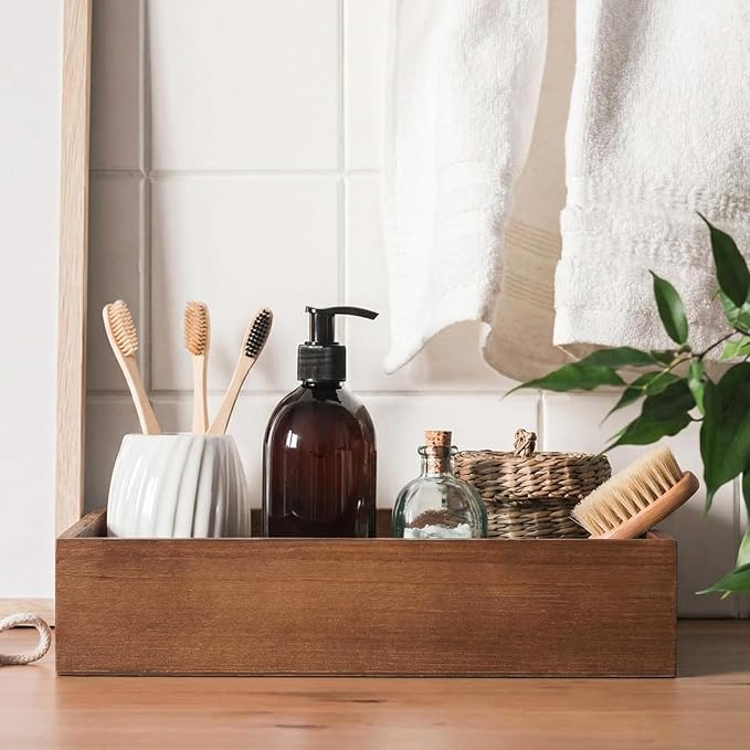 2 Pcs Bathroom Basket Wooden Toilet Tank Paper Basket with Handle Wood Color Bathroom Decor Box Back of Toilet Storage Organizer for Bedroom Vanity Kitchen Countertop Dresser Shelf Decor