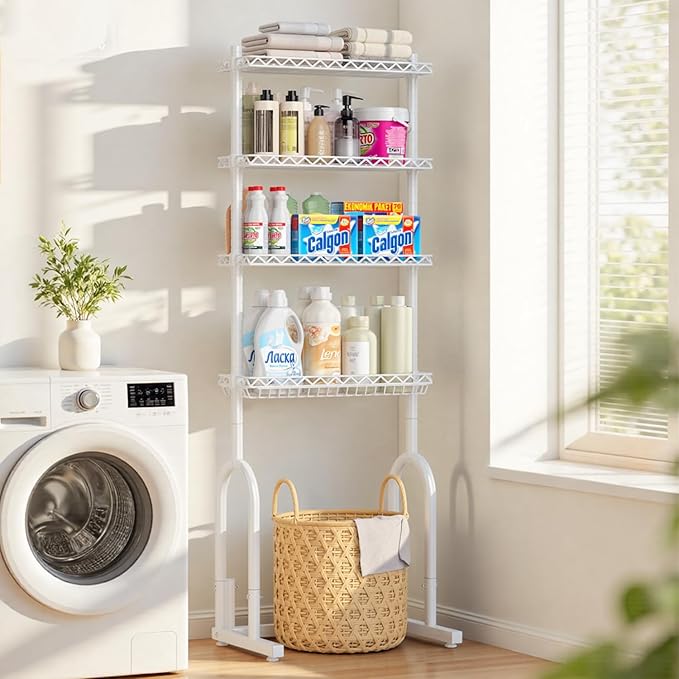 EAGMAK Over The Toilet Storage Rack, 4-Tier Bathroom Organizer with Adjustable Shelves & Basket, Rust-Resistant Metal Over Toilet Shelf for Small Bathroom Space Saving, White