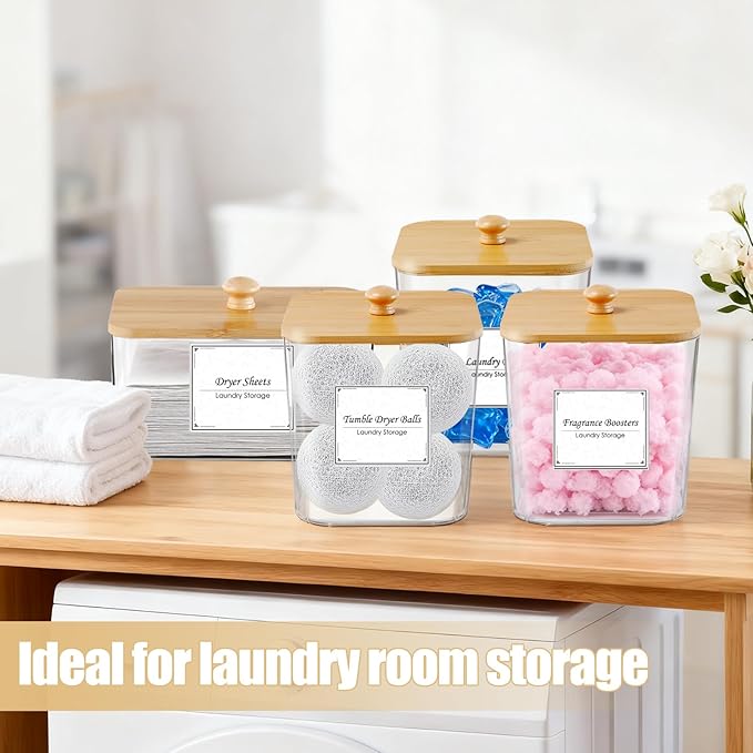 Laundry Pods Storage Container, Clear Laundry Pods Containers with Wooden Lid & Labels,Detergent Powder Organizer for Pods,Dryer Sheets,Scent Beads,Acrylic Jars with Scoops,3+1 Set