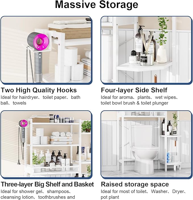 K1 Heavy Duty 7-Tier Over The Toilet Storage（With Basket and Paper Hook）Freestanding Above Toilet Shelf with Adjustable Feet，Space Saver Bathroom Shelves 9.3"D x 33.5"W x 63.8"H，Beige White