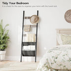 HOOBRO Blanket Ladder, 5 Tier Towel Rack, 17.3" L x 63" H, Wall-Leaning Blanket Rack for Living Room, Decorative Ladder with 4 Hooks and Magazine Pocket, Greige BG32CJ01