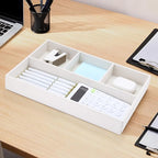KINGFOM PU Leather Desk Drawer Organizer, 4 Compartment Office Supplies Stationery Storage Tray, Desk Organizers and Accessories Drawer Organizer Tray for Home, Makeup, Jewelry Stackable White