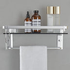 VOLPONE Glass Bathroom Shelf 15.7 in Bathroom Wall Shelf with Towel Holder Tempered Glass Shelf Wall Mount with 2 Removable Hooks Silver（1 Tier）