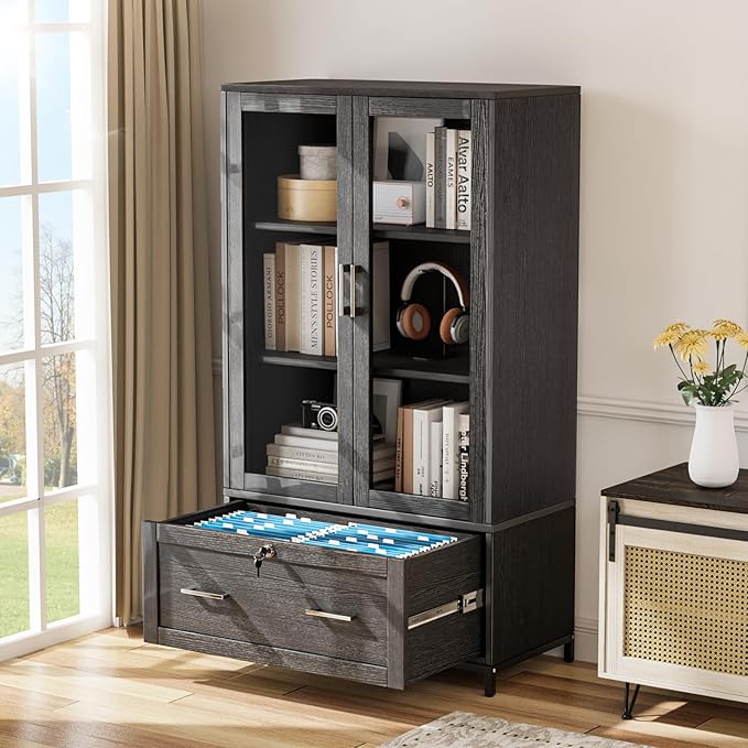 VINGLI Lateral File Cabinet with Glass Doors and Locking Drawer for Hanging File Folders, Bookshelf with Adjustable Shelves for Home Office (Black, 30''W x 16''D x 55''H)