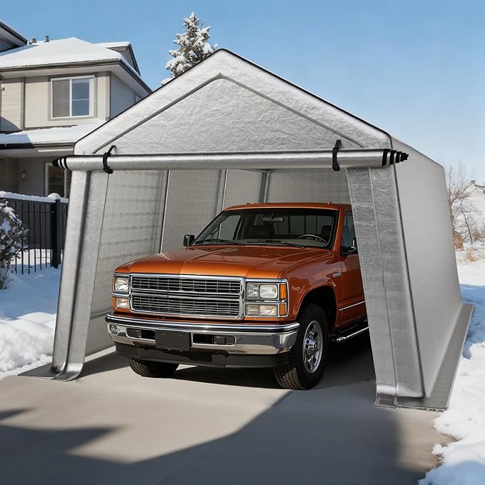 10 x 15 FT Carport, Portable Shed w/220G Heavy Duty Waterproof PE Tarp, Roll-up Zipper Door & Vent, Weather-Resistant Storage Shed for Motorcycle, Bike, ATV and Tools, Gray