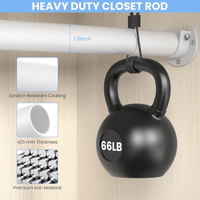 2 Pack Closet Rods for Hanging Clothes, 17 to 28 Inch Heavy Duty Stepless Adjustable Closet Hanging Rod, 1.3 Inch Diameter Metal Closet Rod for Wardrobes Laundry Bedroom RV, White