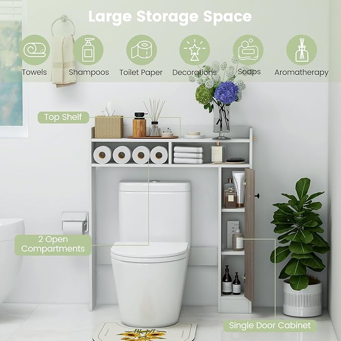Giantex Short Over The Toilet Storage Cabinet, Bathroom Organizer w/Single Door Cabinet & Adjustable Shelves, Freestanding Space Saver Above Toilet Storage for Restroom, Laundry Room (White)