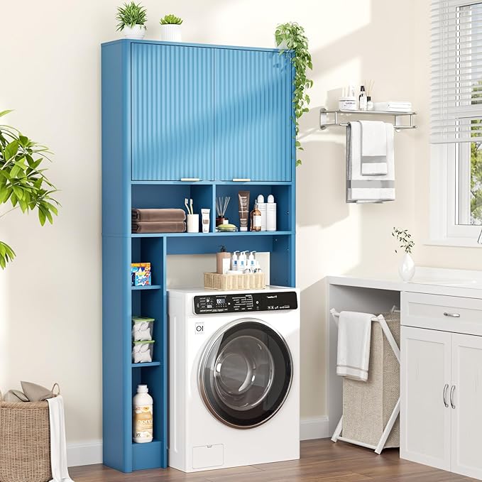 31" W Over The Toilet Storage Cabinet with Fluted Door, Blue Bathroom Organizer with Adjustable Shelf, Toilet Paper Holder Stand Wave Door for Restroom, Laundry Room
