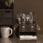 Ikee Design Wooden Utensil Caddy with Handles, Includes Salt Pepper Shaker,Silverware Caddy,Silverware Holder Organizer for Countertop,Party,Camping and Kitchen,Picnic Cutlery Holders,Black Color