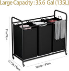 LINZINAR 3-Bag Laundry Basket, Black Laundry Hamper, 35.6 Gal(135 L) Laundry Sorter Cart Laundry Room Organization with Heavy Duty Rolling Lockable Wheels and Removable Bags