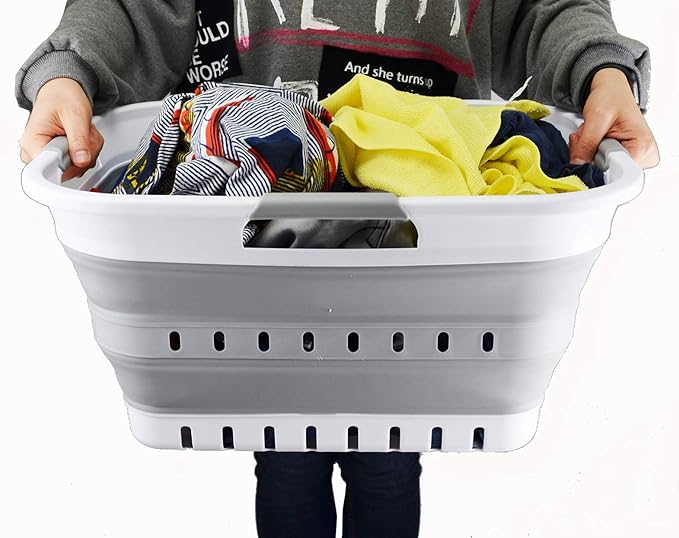 SAMMART 30L (8 gallon) Collapsible 3 Handled Plastic Laundry Basket - Foldable Pop Up Storage Container/Organizer - Space Saving Hamper/Basket (White/Grey)