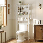 Over The Toilet Storage Rack, Bathroom Organizer with 3 Shelves & Basket, Space Saver Over Toilet Shelf with Adjustable Hooks, White