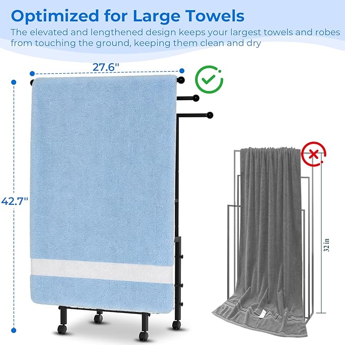 Kayfia 42.7" H Standing Towel Racks for Bathroom with Wheels, Upgraded Large Size 3 Tier Metal Blanket Rack Stand with Shelf and Basket, Storage for Oversized Bath Towels Bathroom Pool Accessories