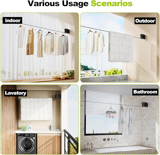 13.9 ft TPU Retractable Clothesline for Indoor & Outdoor – Heavy‑Duty Windproof Wall‑Mounted Drying Line with Separate Hanging Holes for Faster Drying, Ideal for Home, Balcony & Garden