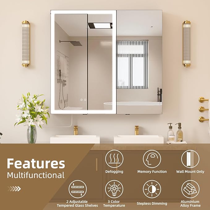30x28 Medicine Cabinet with Lights Mirror, LED Lighted Medicine Cabinet Wall Mounted, Modern Sturdy Aluminum Mirrored Cabinet with Memory 3 Color Dimmable and Defogger, Adjustable Shelves