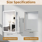 BEAUTYPEAK 24 x 32 LED Bathroom Medicine Cabinet Mirror, Adjustable Shelves, Silver Aluminum Cabinet, Anti-Fog Stepless Dimmable 3 Colors White/Natural/Warm, Easy to Install(Wall Mount/Recessed)
