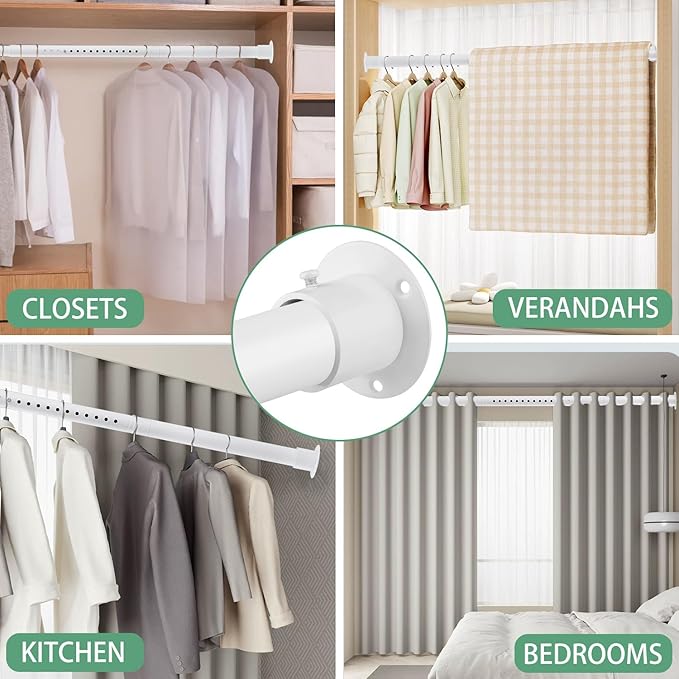 Closet Rods for Hanging Clothes, 1.3 Inch Diameter Heavy Duty Closet Rod 17-75 Inch Adjustable Clothes Hanging Bar Matte White Shower Curtain Rods for Closet, Wardrobes, Bathroom, Windows