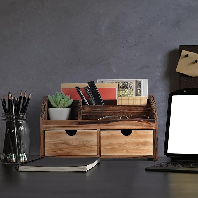Rustic Torched Dark Brown Wood Desk Organizer Wooden Tabletop Stationery Holder Multiple Compartments Slots 2 Drawers Storage Cabinet Office Supplies Makeup Accessory Sorter Display Box Home