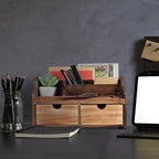 Rustic Torched Dark Brown Wood Desk Organizer Wooden Tabletop Stationery Holder Multiple Compartments Slots 2 Drawers Storage Cabinet Office Supplies Makeup Accessory Sorter Display Box Home