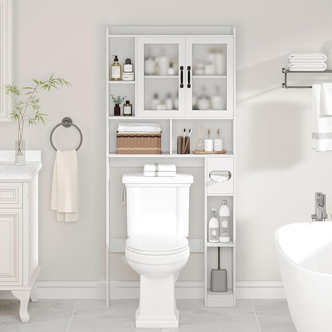 Vabches Over The Toilet Storage Cabinet, Farmhouse Storage Cabinet Over Toilet with Acrylic Doors，Home Space-Saving Toilet Rack, for Bathroom, Restroom, Laundry, White