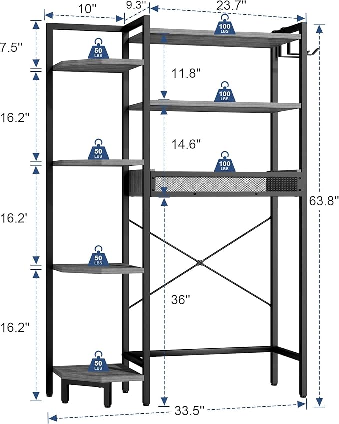 K1 Heavy Duty 7-Tier Over The Toilet Storage（with Basket and Paper Hook） Freestanding Above Toilet Shelf with Adjustable Feet，Space Saver Bathroom Shelves 9.3" D x 33.5" W x 63.8" H，Grey