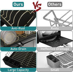Buruis Dish Drying Rack for Kitchen Countertop, Large Capacity Gold Stainless Steel Dish Drainer with Anti-Slip Rubber Feet, Removable Drain Board and Utensil Holder (Black Tray)
