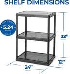 Gracious Living 3 Shelf Fixed Height Light Duty Storage Unit 12 x 24 x 33" Organizer System for Home, Garage, Basement, & Laundry, Black (2 Pack)