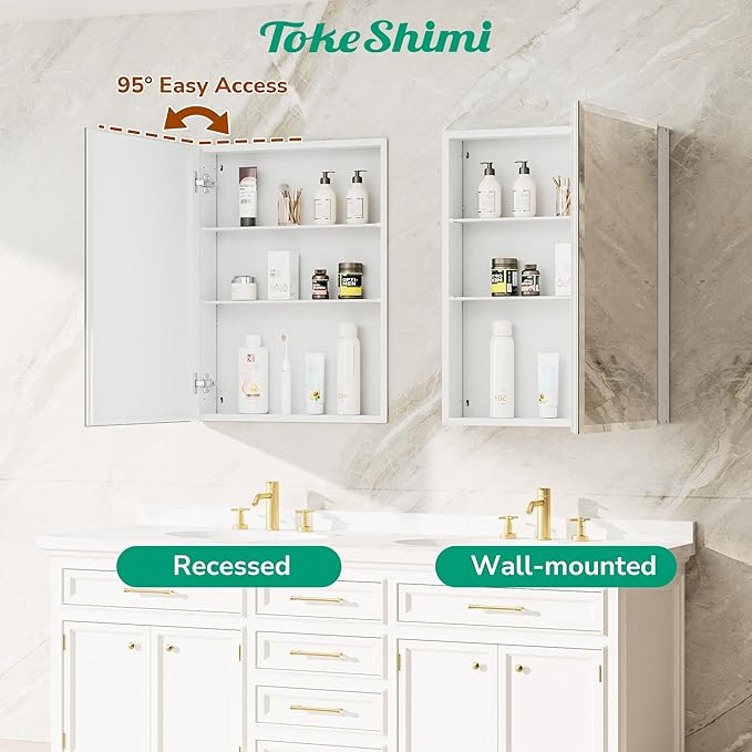 TokeShimi 20 x 28 Medicine Cabinet for Bathroom, White Recessed Medicine Cabinet with Tempered Beveled Mirror, Stepless Adjustable Shelves, DTC Hinge, Recessed/Wall Mounted