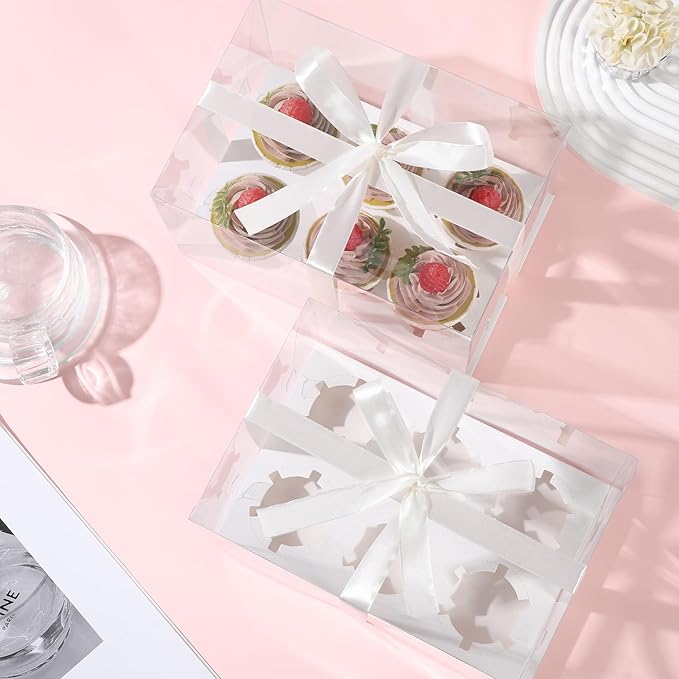 JCD 4 Pack Clear Cupcake Boxes, Plastic Cupcake Containers with Gift Ribbon, 5.5inches height Holder 6 Count Cup Cake Boxes for Parties, Baking, Wedding, Transport (6count/4pcs)