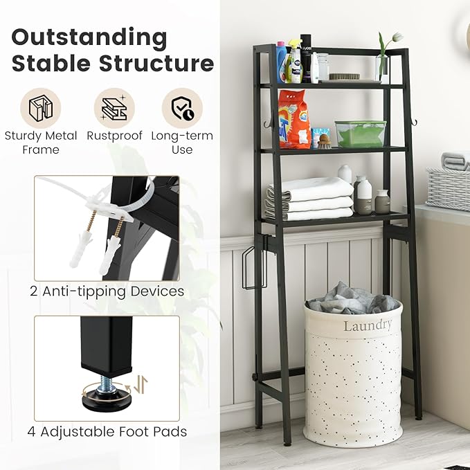 Nightcore Over-The-Toilet Storage, 3-Tier Freestanding Bathroom Organizer Shelf w/ 2 Hanging Hooks & Toilet Paper Holder, Multifunctional Metal Toilet Storage Rack for Bathroom Laundry (Black)