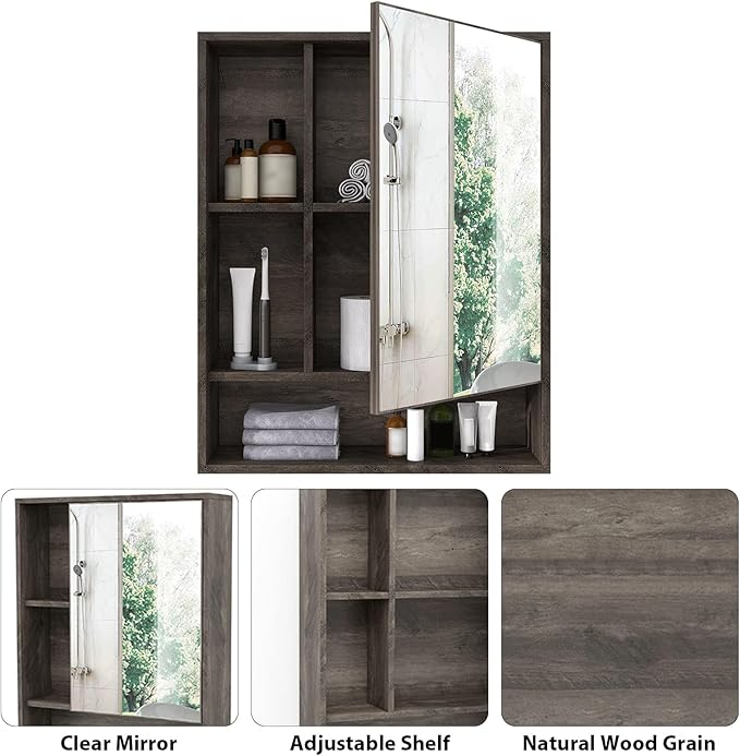 ChooChoo Bathroom Wall Mirror Cabinet, Medicine Cabinet with Single Door and Adjustable Shelf, Over The Toilet Space Saver Storage Cabinet, Grey