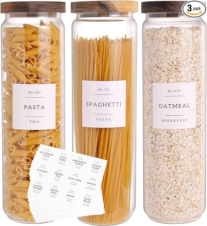 3 Set Glass Pantry Storage Jars with Acacia Airtight Lid - 50oz Thicken Glass Kitchen Canisters with 132 Pantry Labels - Tall Food Storage Containers with Wood Lid for Pasta,Spaghetti,Cereal