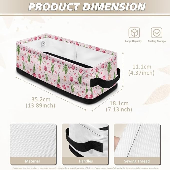 Storage Basket with Handles Collapsible Storage Bins Rectangular Fabric Organizer Box Multi-Use Shelf Baskets for Bedroom Bathroom Decor, Tulip Flower Pink Petal