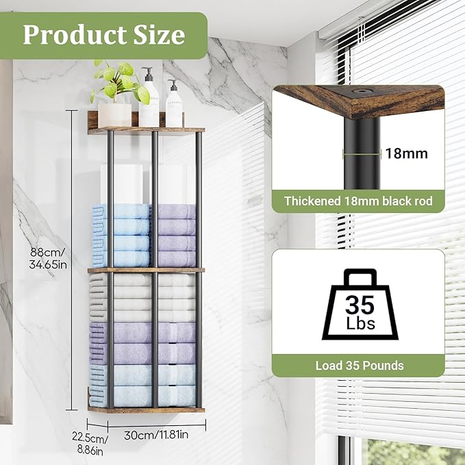 Large Capacity Three-Layer Towel Racks for Bathroom Wall Mounted, Updated 3 Bar Towel Holder for Bath Wall, Bath Towel Rack for Bathroom Wall, Metal Small Bathrooms Towel Storage Rack, Rustic