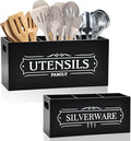 Kitchen Utensil Holder Set - Extra Large Wooden Countertop Organizer for Cooking Utensils, Cutlery and Flatware, Farmhouse Kitchen Decor, Silverware Caddy for party (Black, Large)