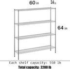 14" Deep x 60" Wide x 64" Height Wire Shelving Kit | 4-Tier | NSF Commercial Storage Rack Unit
