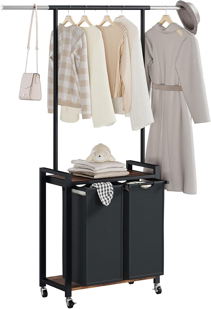 2-Section Rolling Laundry Sorter Cart with Hanging Rod & Utility Shelf, Large Capacity Lockable Wheels Laundry Hamper Basket Organizer for Laundry Room, Bathroom, Bedroom - Rustic Black