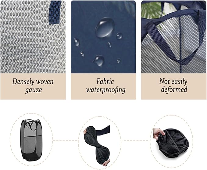 The upgraded pop-up laundry basket features a breathable side pocket mesh design, making it ideal for rooms, apartments, dormitories, travel, business trips, and children's storage (1, Dark blue)