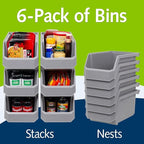 Plastic Containers for Organizing and Storage Bins for Closet, Kitchen, Office, Garage or Pantry Organization, Stackable Bins, Large (14.8" x 8" x 7"), 6-Pack, Grey
