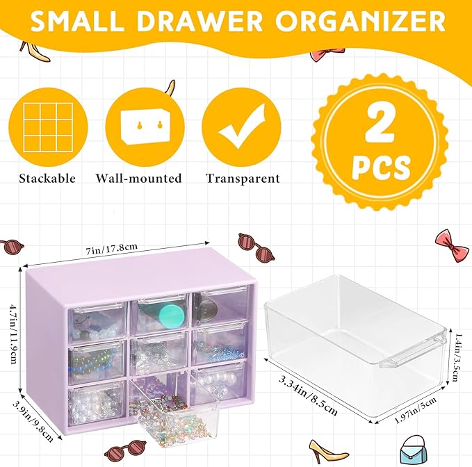 Wenqik 2 Pcs Mini Storage Drawers Teacher Toolbox Organizer with 9 Clear Drawers Small Plastic Desktop Teacher Desk Craft Organizer for Classroom Office 7" x 3. 9" x 4. 7"(Purple)