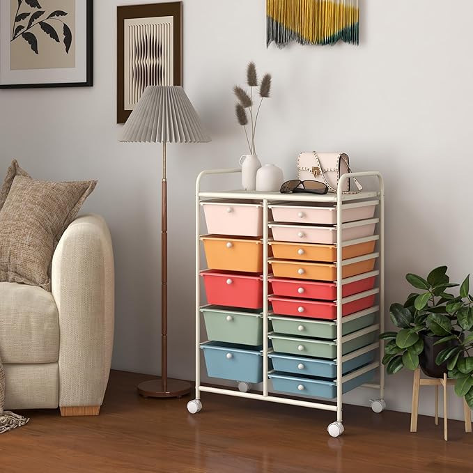 GOFLAME 15-Drawer Rolling Storage Cart, Craft Storage Cart with Removable Drawers & Lockable Wheels, Art Cart Supply Storage Organizer for Home Office Classroom, Macaron Color