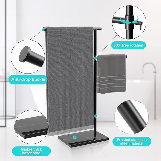 Free Standing Towel Rack for Bathroom with Weighted Marble Base, 40 Inch Adjustable Height and 360° Swivel Bar, Taller Rustproof 304 Stainless Steel Floor Towel Stand for Bathtub, Pool and Spa