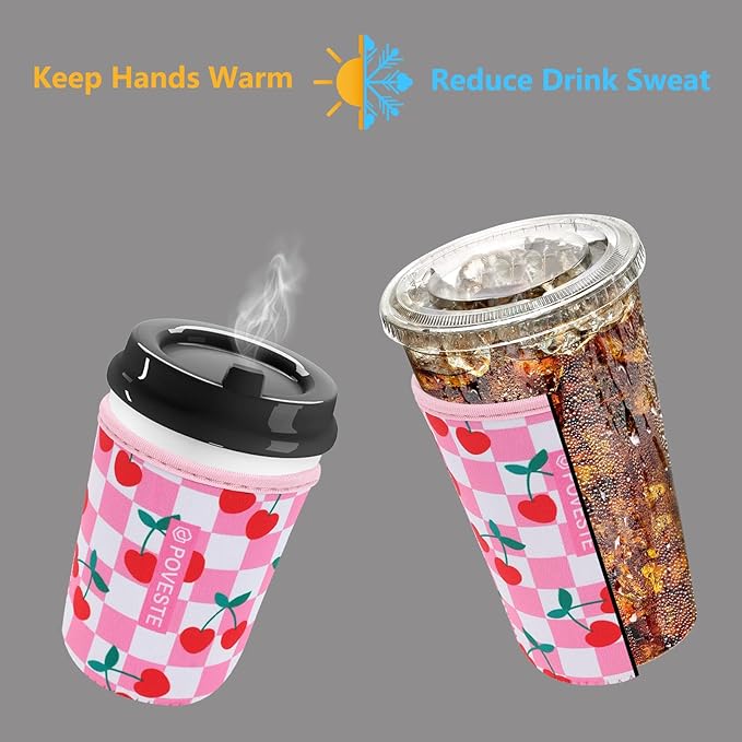 Reusable Neoprene Insulator Sleeve for Iced Coffee & Cold Soda, Coffee Sleeves for Iced & Hot Drinks, Cold Beverage Cooler Compatible with Starbucks, Dunkin (Pink Checkerboard&Cherry, Large: 32oz)