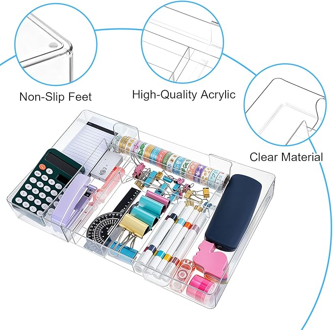 Expandable Acrylic Drawer Organizer, Clear Desk Drawer Organizers Tray with 8 Adjustable Compartments Multifunctional Desk Accessories for Vanity, Office, Kitchen, Bathroom