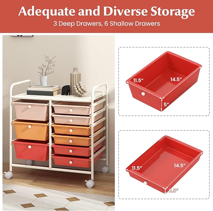 RELAX4LIFE 9 Drawer Rolling Storage Cart - Mobile Drawer Carts for Craft Art Supply Paper Salon, Utility Cart on Wheels for Classroom Teacher School Office, Rolling Cart with Drawers (Macaron)